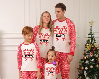 Candy Cane Personalized Matching Family Christmas Pajamas, Holiday Family Pajama Sets, Red and White Nordic Design, Kids Christmas Pajamas