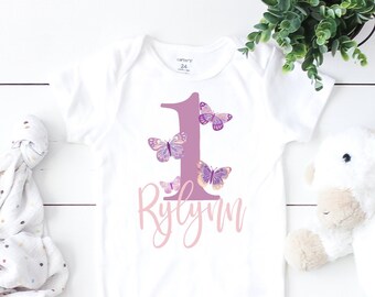 Butterfly Personalized 1st Birthday Girl Onesie® Outfit One Baby Flutter Sleeve Bodysuit With Name Cake Smash Shirt Pink Birthday Shirt