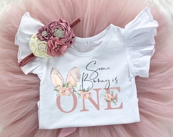 Some Bunny is One 1st Birthday Girl Blush Pink and Mauve Tutu Outfit, Vintage Rose Floral Bodysuit, Easter Bunny Rabbit Cake Smash Outfit