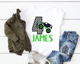 MONSTER TRUCK 4th Birthday Boy Shirt, Fourth Birthday Boys Baseball Raglan, Truck Four Birthday Party, Personalized with Name and Number