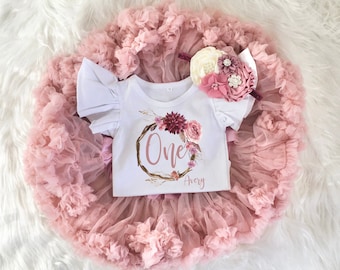 Mauve 1st Birthday Girl Rose Gold Tutu Outfit, Vintage Rose Onesie®, Blush Pink One Pettiskirt, Burgundy Outfit Cake Smash Headband