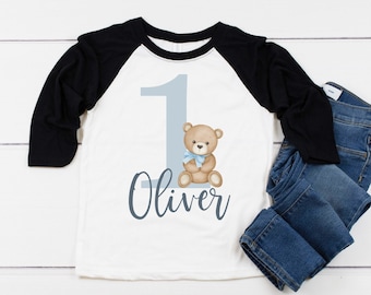 Personalized Teddy Bear 1st Birthday Boy Shirt, First Birthday Boys Baseball Raglan, Birthday Onesie®,  Personalized with Name and Number