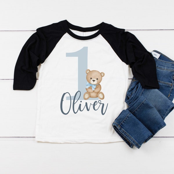 Personalized Teddy Bear 1st Birthday Boy Shirt, First Birthday Boys Baseball Raglan, Birthday Onesie®,  Personalized with Name and Number