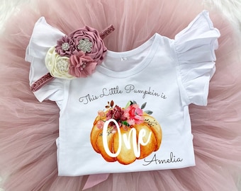 This Little Pumpkin is One Fall 1st Birthday Girl Mauve Rose Gold Tutu Outfit, Vintage Rose Onesie®, Outfit Cake Smash Floral Headband