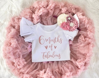 6 Months of Fabulous Birthday Girl Blush Pink and Mauve Tutu Outfit, Vintage Rose Onesie®, 6 Month Outfit Headband, Six Months Half Birthday