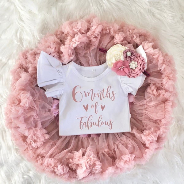 6 Months of Fabulous Birthday Girl Blush Pink and Mauve Tutu Outfit, Vintage Rose Onesie®, 6 Month Outfit Headband, Six Months Half Birthday