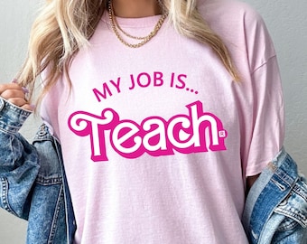 My Job is Teach Pink T Shirt Cropped Racerback Tank Top, Teacher Shirt Actually My Job Is Just Teach Shirt, Hot Pink, My Job It's Just Beach