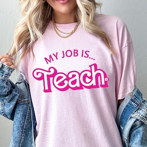 My Job is Teach Pink T Shirt Cropped Racerback Tank Top, Teacher Shirt Actually My Job Is Just Teach Shirt, Hot Pink, My Job It&#39;s Just Beach