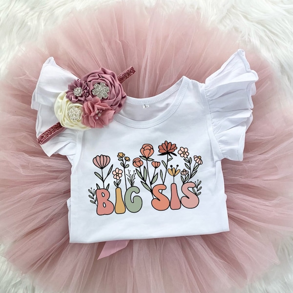 Big Sis Tutu Outfit, Retro Groovy Floral Promoted to Big Sister Outfit, Baby Girl Mauve Rose Gold Tutu Outfit,  Birth Announcement