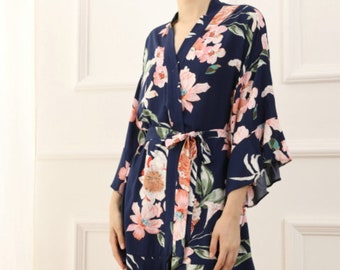 Bridesmaid Robes, Navy Blue Floral Ruffle Bridal Party Robes, White Floral Bride Robe, Bridesmaid Proposal, Maid of Honor Proposal