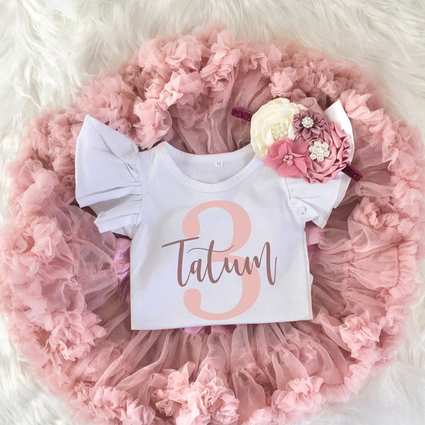 Personalized 3rd Birthday Girl Blush Pink and Mauve Tutu Outfit, Flutter Sleeve Leotard Bodysuit, Fluffy Pettiskirt Outfit Headband