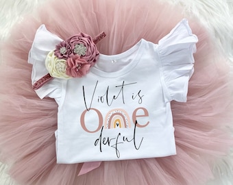 Personalized Boho Rainbow Onederful 1st Birthday Girl Mauve Rose Gold Tutu Outfit, One derful Vintage Rose Onesie®, Cake Smash