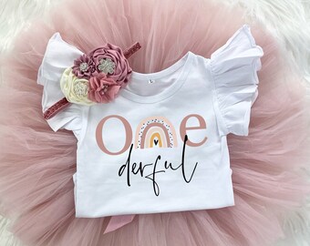 Boho Rainbow Onederful 1st Birthday Girl Mauve Rose Gold Tutu Outfit, One derful Vintage Rose Onesie®, Cake Smash, Summer Birthday Outfit