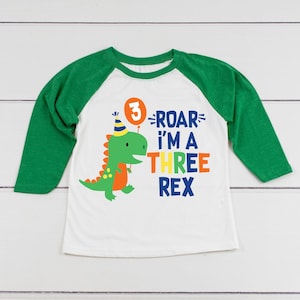 Three Rex Birthday Shirt,  3 Rex Birthday Boy Girl Shirt 3rd Birthday, Baseball Style Raglan Jersey, Personalized Name and Number on Back