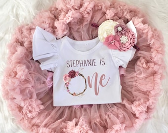 Personalized Mauve 1st Birthday Girl Tutu Outfit, Vintage Rose Onesie®, Floral Wreath One Pettiskirt, Outfit Cake Smash Headband