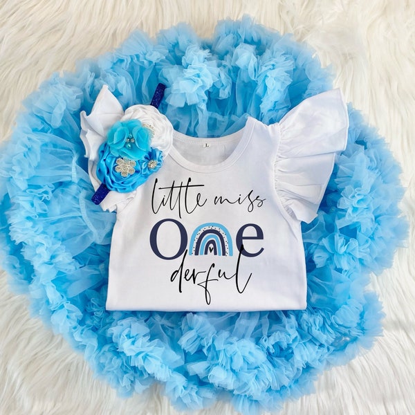 Little Miss Onederful Blue Boho Rainbow 1er anniversaire Fille Ice Blue Gold Tutu Outfit, Navy Blue Rainbow Onesie®, Pettiskirt Cake Smash Shirt