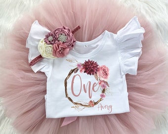 One Floral Wreath 1st Birthday Girl Mauve Rose Gold Tutu Outfit, Vintage Rose Bodysuit, Cake Smash Shirt Set, Personalized Custom Name