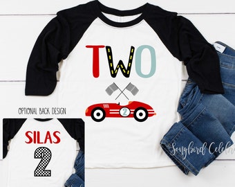 RACE CAR 2nd Birthday Boy Shirt, Second Birthday Boys Baseball Raglan, Birthday Racing Party, Personalized with Name and Number