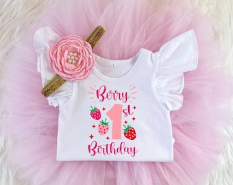 Berry 1st Birthday Strawberry First Birthday Tutu Outfit Girl , 1st Birthday Pink Strawberry One Onesie®, Bodysuit Cake Smash Outfit