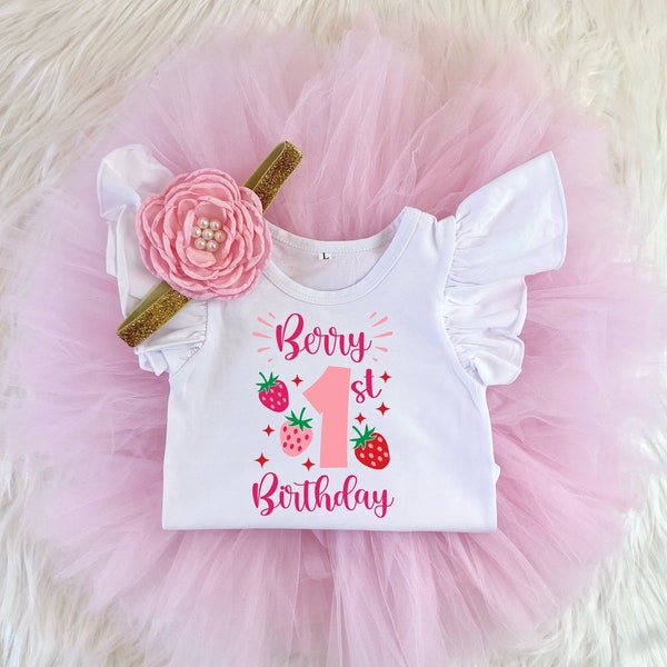 Berry 1st Birthday Strawberry First Birthday Tutu Outfit Girl , 1st Birthday Pink Strawberry One Onesie®, Bodysuit Cake Smash Outfit