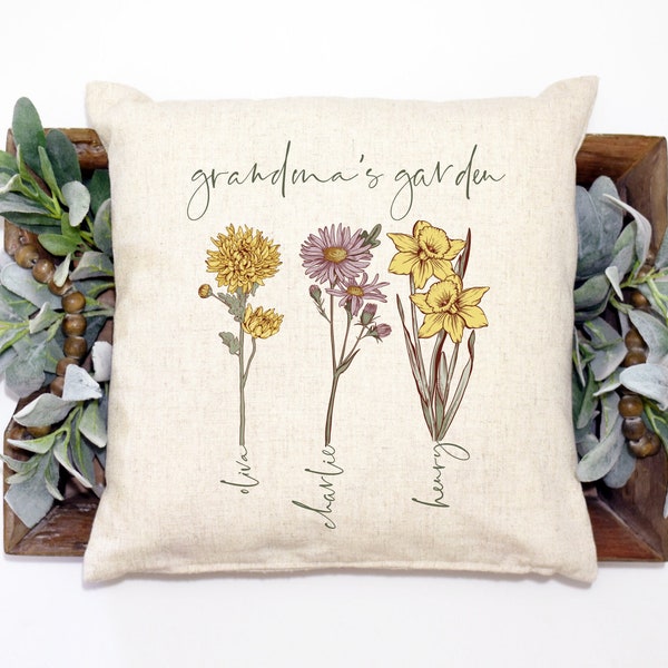 Grandma's Garden Personalized Birth Flower Birth Month Pillow Cover, Custom Mother's Day Pillow Cover, Mothers Day Gift