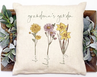 Grandma's Garden Personalized Birth Flower Birth Month Pillow Cover, Custom Mother's Day Pillow Cover, Mothers Day Gift