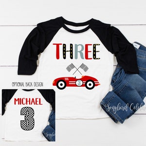 RACE CAR 3rd Birthday Boy Shirt, Three Birthday Boys Baseball Raglan, Third Birthday Racing Party, Personalized with Name and Number