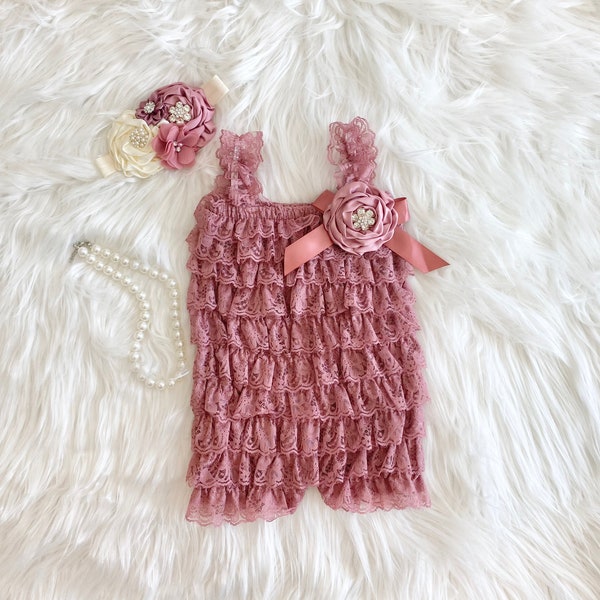 Vintage Rose Mauve Lace Romper 1st Birthday Girl Outfit Headband Flower Girl Cake Smash Easter Baby Girl Vintage Style Heritage Collection