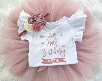 It's My Half Birthday Girl Blush Pink and Mauve Tutu Outfit, Vintage Rose Onesie®, 6 Month Outfit Headband Custom Name Outfit, six months