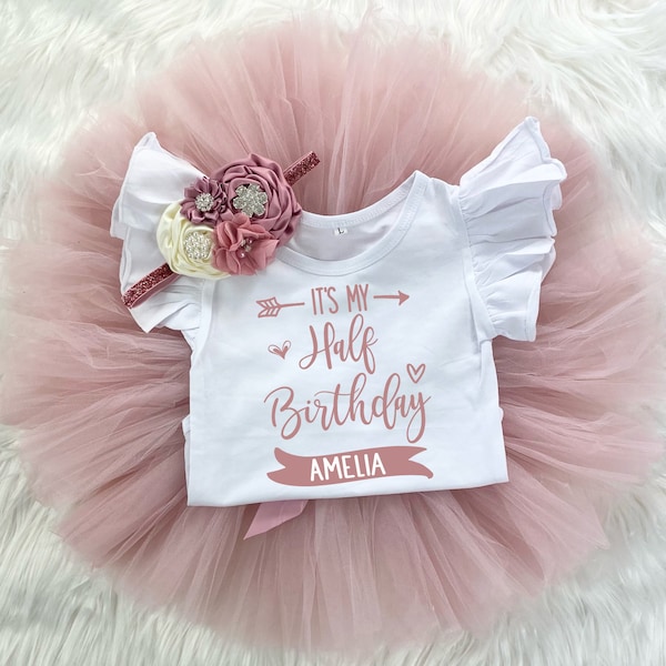 It's My Half Birthday Girl Blush Pink and Mauve Tutu Outfit, Vintage Rose Onesie®, 6 Month Outfit Headband Custom Name Outfit, six months