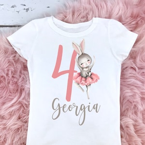 Ballerina Bunny Personalized 4th Birthday Girl Shirt,  Fourth Birthday Ballet Shirt With Name, Pink Birthday Shirt