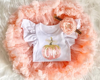 One Pumpkin Fall 1st Birthday Girl Peach Gold Tutu Outfit, Pumpkin Onesie®, Peach Pettiskirt, Cake Smash Outfit Baby Floral Headband