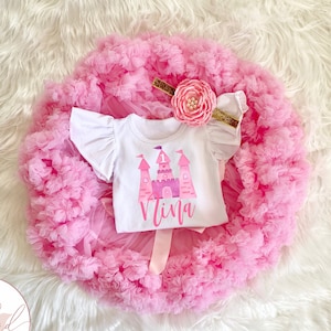 Princess Castle Personalized 1st Birthday Girl Onesie® Pettiskirt Tutu Outfit One Baby Bodysuit With Name Cake Smash Shirt Pink