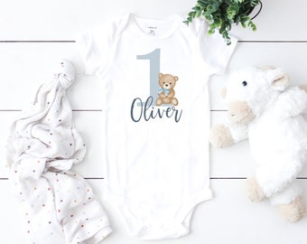 Personalized Teddy Bear 1st Birthday Boy Shirt, First Birthday Boys Baseball Raglan, Birthday Onesie®,  Personalized with Name and Number