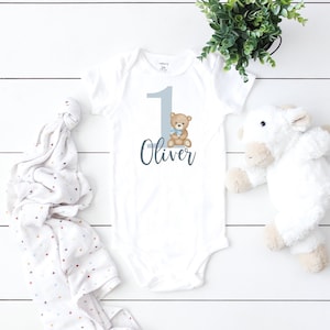 Personalized Teddy Bear 1st Birthday Boy Shirt, First Birthday Boys Baseball Raglan, Birthday Onesie®,  Personalized with Name and Number
