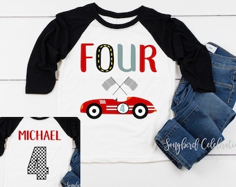 RACE CAR 4th Birthday Boy Shirt, Four Birthday Boys Baseball Raglan, Fourth Birthday Racing Party, Personalized with Name and Number