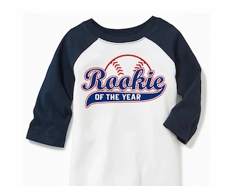 Rookie of the Year First Birthday Boy Baseball Shirt, 1st Birthday Boy Shirt, Red Navy Blue Green Baseball Raglan Personalized Name Number