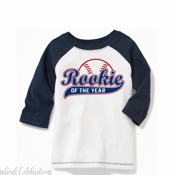 Rookie of the Year First Birthday Boy Baseball Shirt, 1st Birthday Boy Shirt, Red Navy Blue Green Baseball Raglan Personalized Name Number