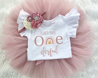 Isn't She Onederful Boho Rainbow 1st Birthday Girl Mauve Rose Gold Tutu Outfit, Vintage Rose Bodysuit, Cake Smash Shirt Set