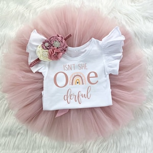 Isn't She Onederful Boho Rainbow 1st Birthday Girl Mauve Rose Gold Tutu Outfit, Vintage Rose Bodysuit, Cake Smash Shirt Set