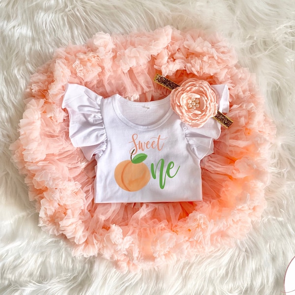 Sweet One Peach Watercolor 1st Birthday Girl Onesie® Pettiskirt Tutu Outfit Set, One Baby Bodysuit With Name Cake Smash Shirt Pink, Headband