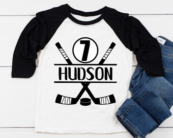HOCKEY 7th Birthday Boy Shirt, 7th Birthday Girl Shirt, Hockey Stick and Hockey Puck Baseball Style Raglan Personalized Name and Number