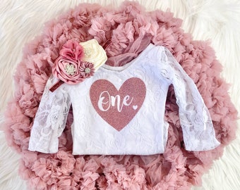 Rose Gold Glitter Heart 1st Birthday Girl Mauve Tutu Outfit, Long Sleeve Lace Bodysuit Vintage Rose Pettiskirt, Cake Smash Outfit