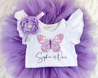 Personalized Butterfly 1st Birthday Girl Lavender Purple Tutu Outfit, Lavender Butterflies Onesie®, Cake Smash Shirt Set, Custom Name