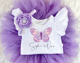 Personalized Butterfly 1st Birthday Girl Lavender Purple Tutu Outfit, Lavender Butterflies Onesie®, Cake Smash Shirt Set, Custom Name