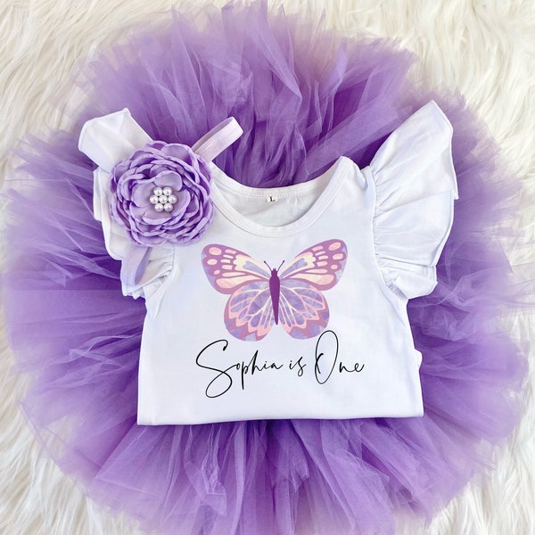 Personalisierte Schmetterling 1. Geburtstag Mädchen Lavendel lila Tütü Outfit, Lavendel Schmetterlinge Onesie®, Cake Smash Shirt Set, benutzerdefinierter Name