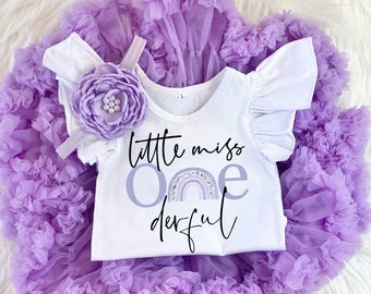 Little Miss Onederful Purple Boho Floral Rainbow 1st Birthday Girl Tutu Outfit, Lavender Purple Onesie®, Pettiskirt Cake Smash Headband