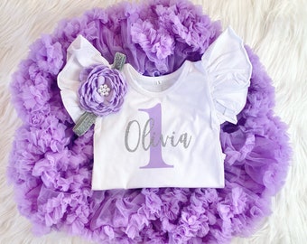 1st Birthday Girl Tutu Outfit, Violet Lavender & Silver Glitter, One Tutu Pettiskirt Outfit Cake Smash Shirt Onesie® Bodysuit Headband