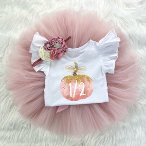 1/2 Half Birthday Pumpkin Fall Birthday Girl Rose Gold Tutu Outfit, Vintage Rose Onesie®, Mauve Tutu, Outfit Cake Smash Headband