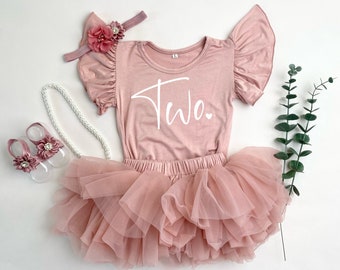 Two Ballerina Tutu Outfit, Flutter Sleeve 2nd Birthday Girl Mauve Rose Gold Tutu Outfit, Vintage Rose Bodysuit, Cake Smash Shirt Set